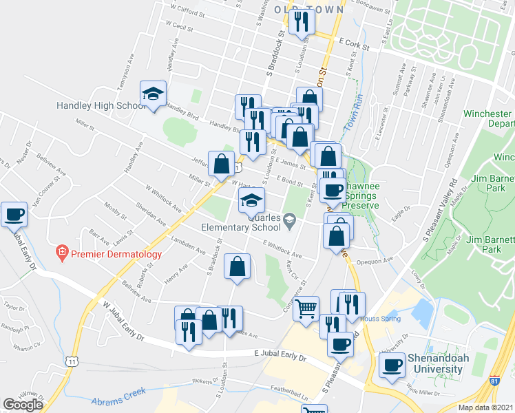 map of restaurants, bars, coffee shops, grocery stores, and more near 1212 South Loudoun Street in Winchester