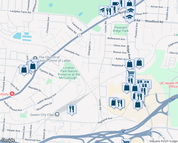 map of restaurants, bars, coffee shops, grocery stores, and more near 5501 Glengate Lane in Cincinnati