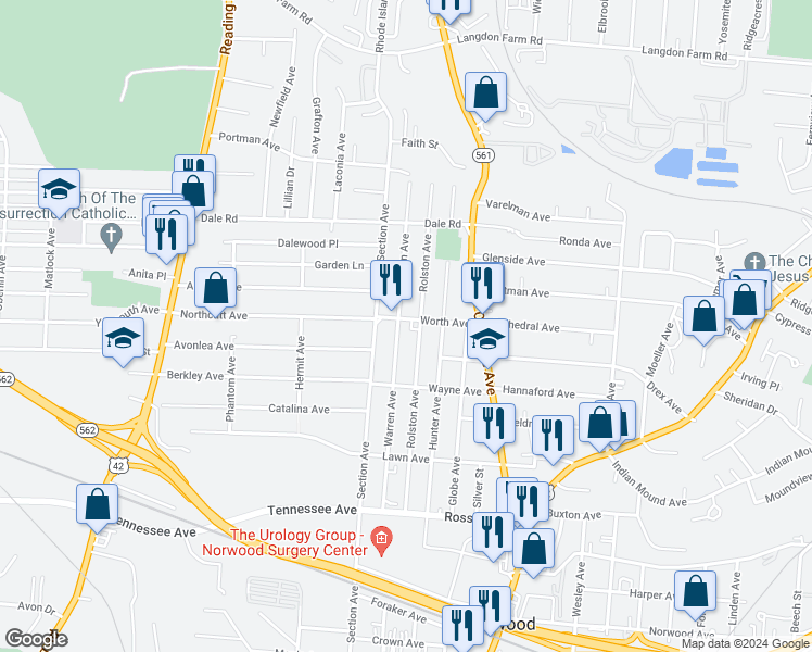 map of restaurants, bars, coffee shops, grocery stores, and more near 5403 Rolston Avenue in Cincinnati