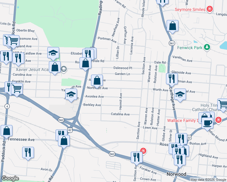 map of restaurants, bars, coffee shops, grocery stores, and more near 1828 Northcutt Avenue in Cincinnati