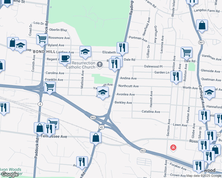 map of restaurants, bars, coffee shops, grocery stores, and more near 4856 Yarmouth Place in Cincinnati
