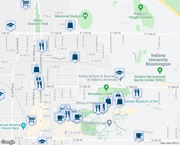 map of restaurants, bars, coffee shops, grocery stores, and more near in Bloomington