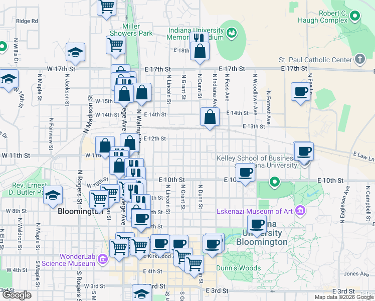 map of restaurants, bars, coffee shops, grocery stores, and more near 416 East 12th Street in Bloomington