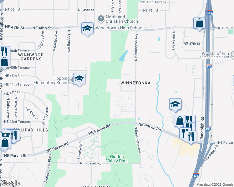 map of restaurants, bars, coffee shops, grocery stores, and more near 6330 Northeast 44th Street in Kansas City