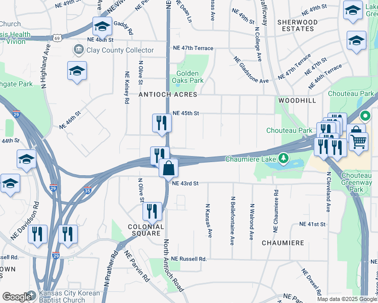 map of restaurants, bars, coffee shops, grocery stores, and more near 4408 North Chestnut Avenue in Kansas City