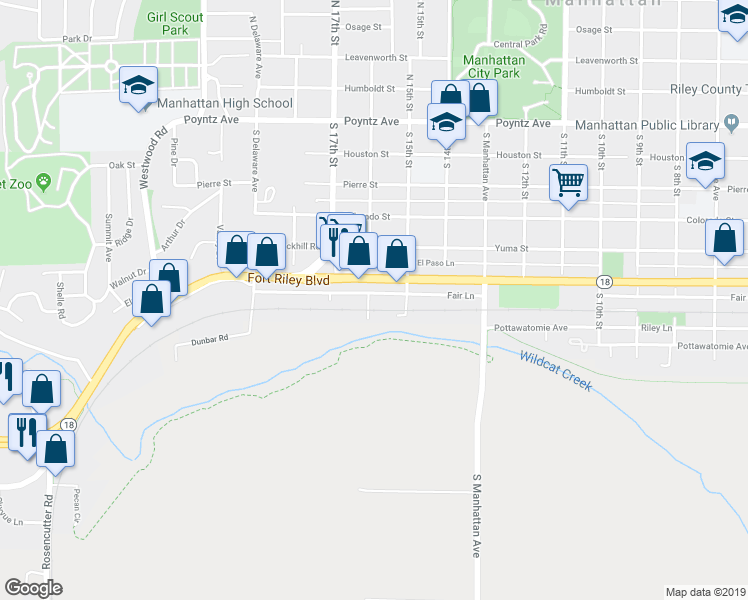 map of restaurants, bars, coffee shops, grocery stores, and more near 1601 Fair Lane in Manhattan