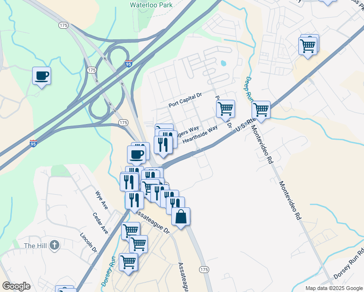 map of restaurants, bars, coffee shops, grocery stores, and more near 7500 Hearthside Way in Elkridge
