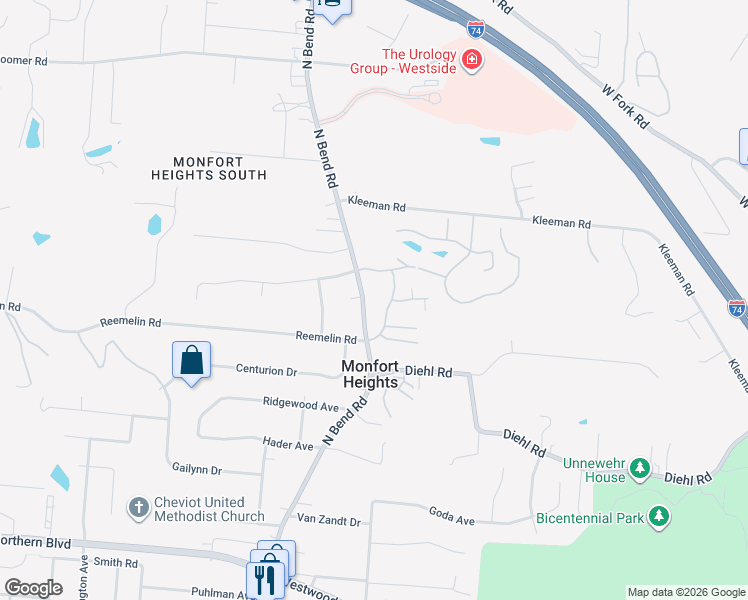 map of restaurants, bars, coffee shops, grocery stores, and more near 4790 North Bend Road in Cincinnati