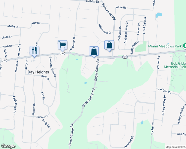 map of restaurants, bars, coffee shops, grocery stores, and more near 5631 Sugar Camp Road in Milford