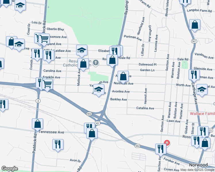 map of restaurants, bars, coffee shops, grocery stores, and more near 4821 Reading Road in Cincinnati