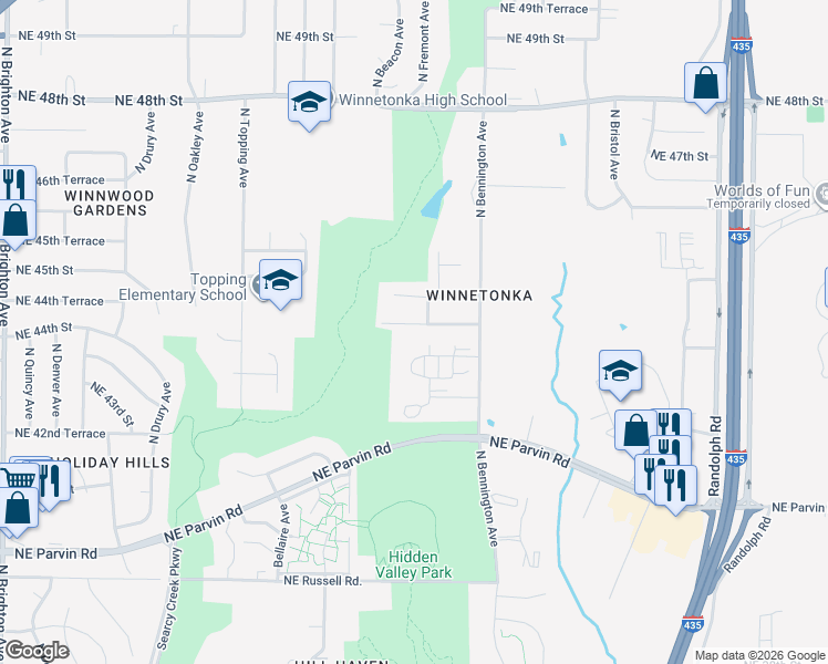 map of restaurants, bars, coffee shops, grocery stores, and more near 6330 Northeast 44th Street in Kansas City