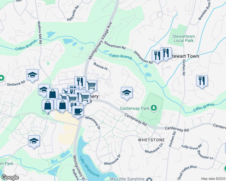 map of restaurants, bars, coffee shops, grocery stores, and more near 19427 Brassie Place in Gaithersburg