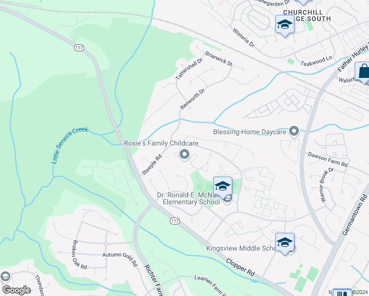 map of restaurants, bars, coffee shops, grocery stores, and more near 95 Steeple Court in Germantown
