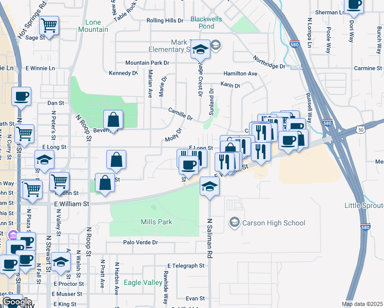 map of restaurants, bars, coffee shops, grocery stores, and more near 1533 E Long St in Carson City
