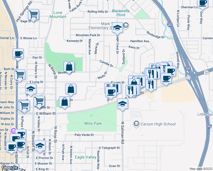 map of restaurants, bars, coffee shops, grocery stores, and more near 1443 East Long Street in Carson City