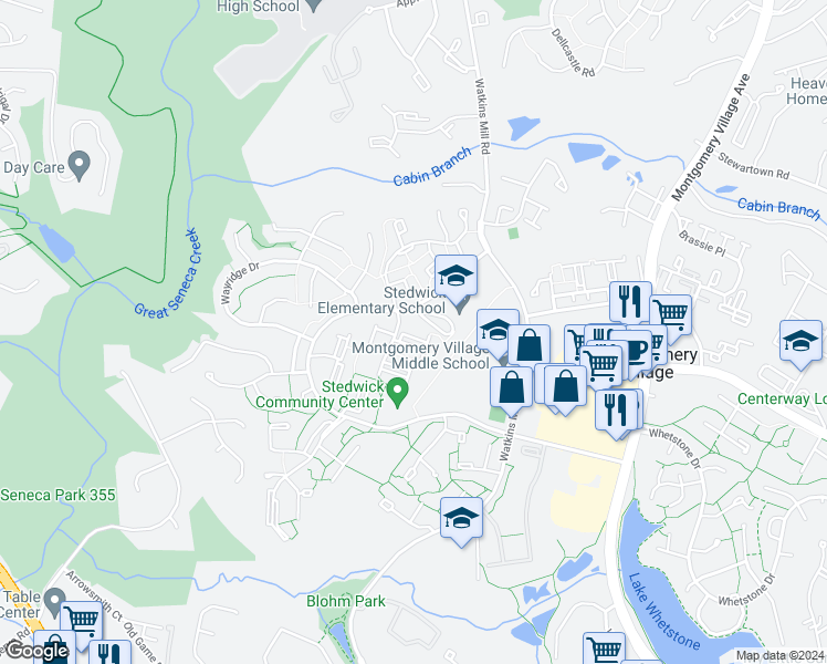 map of restaurants, bars, coffee shops, grocery stores, and more near 19355 Dunbridge Way in Gaithersburg