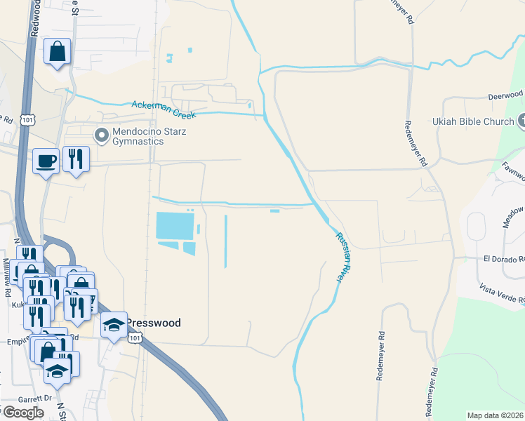 map of restaurants, bars, coffee shops, grocery stores, and more near 585 Kunzler Ranch Road in Ukiah