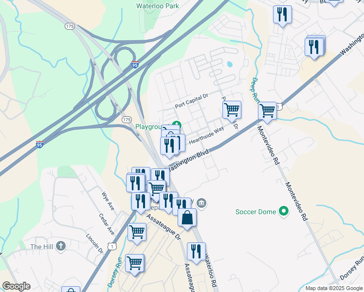 map of restaurants, bars, coffee shops, grocery stores, and more near 7521 Hearthside Way in Elkridge