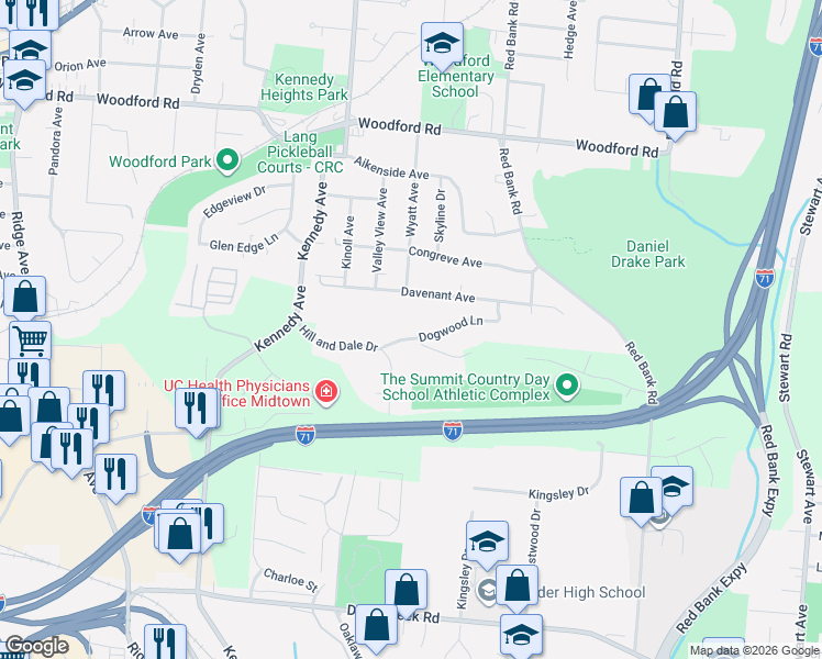 map of restaurants, bars, coffee shops, grocery stores, and more near 3696 Dogwood Lane in Cincinnati