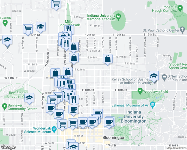 map of restaurants, bars, coffee shops, grocery stores, and more near 312 East 12th Street in Bloomington