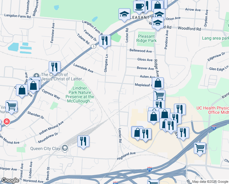 map of restaurants, bars, coffee shops, grocery stores, and more near 5455 Lester Road in Cincinnati