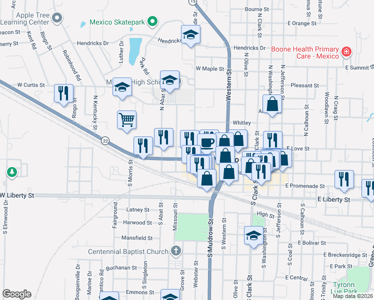 map of restaurants, bars, coffee shops, grocery stores, and more near 301-319 North Wade Street in Mexico