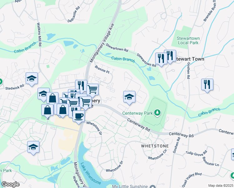 map of restaurants, bars, coffee shops, grocery stores, and more near 19429 Brassie Place in Montgomery Village