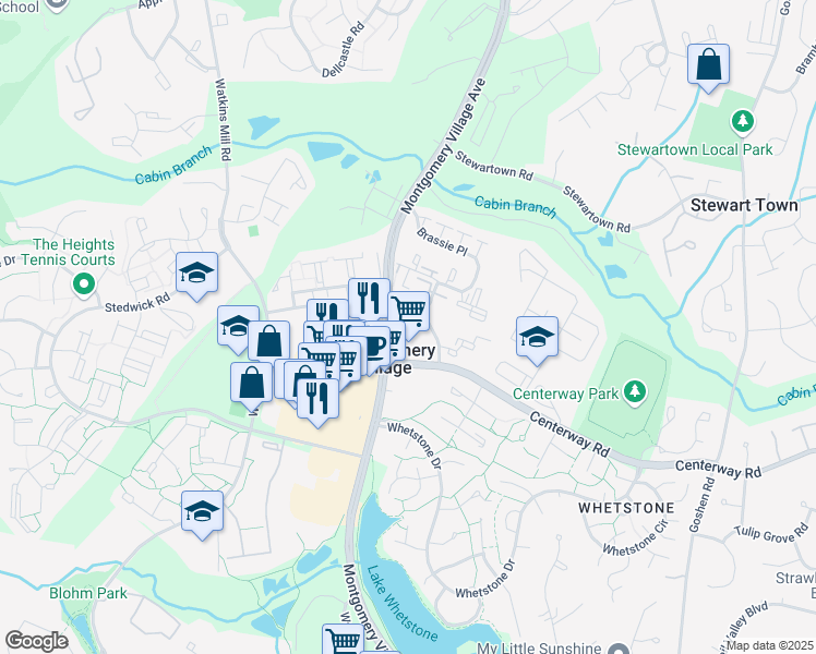 map of restaurants, bars, coffee shops, grocery stores, and more near 19310 Club House Road in Montgomery Village