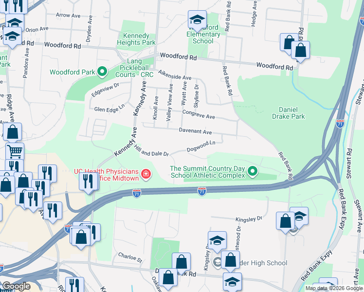 map of restaurants, bars, coffee shops, grocery stores, and more near 3696 Dogwood Lane in Cincinnati
