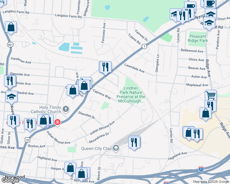map of restaurants, bars, coffee shops, grocery stores, and more near 2546 Ridgeland Place in Cincinnati