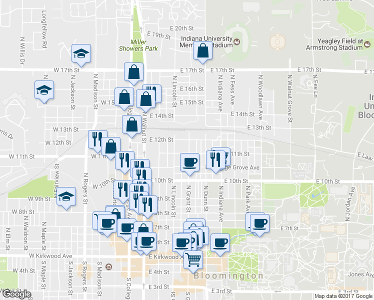 map of restaurants, bars, coffee shops, grocery stores, and more near 312 East 12th Street in Bloomington