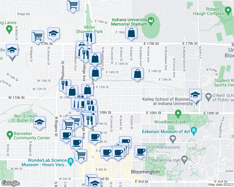 map of restaurants, bars, coffee shops, grocery stores, and more near 312 East 12th Street in Bloomington