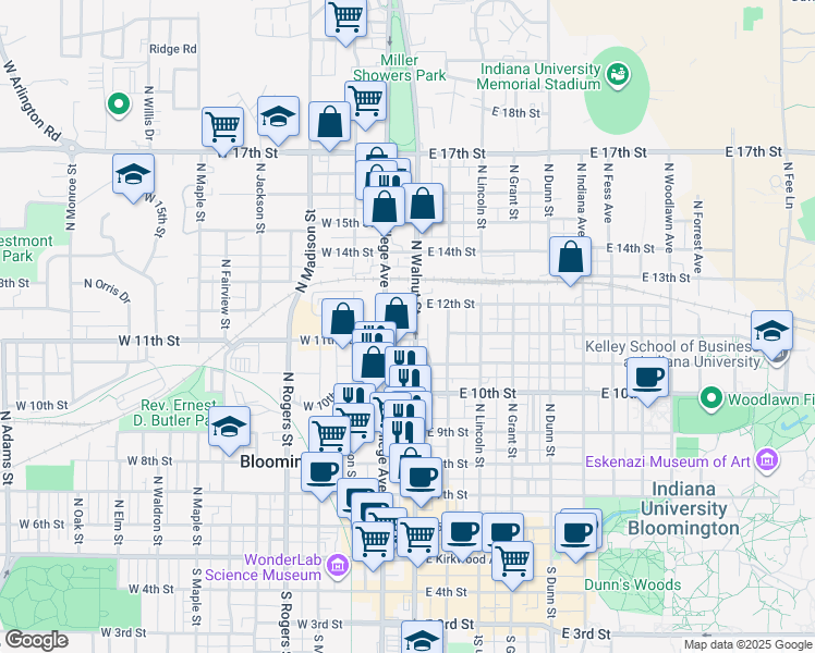 map of restaurants, bars, coffee shops, grocery stores, and more near 804 North Walnut Street in Bloomington
