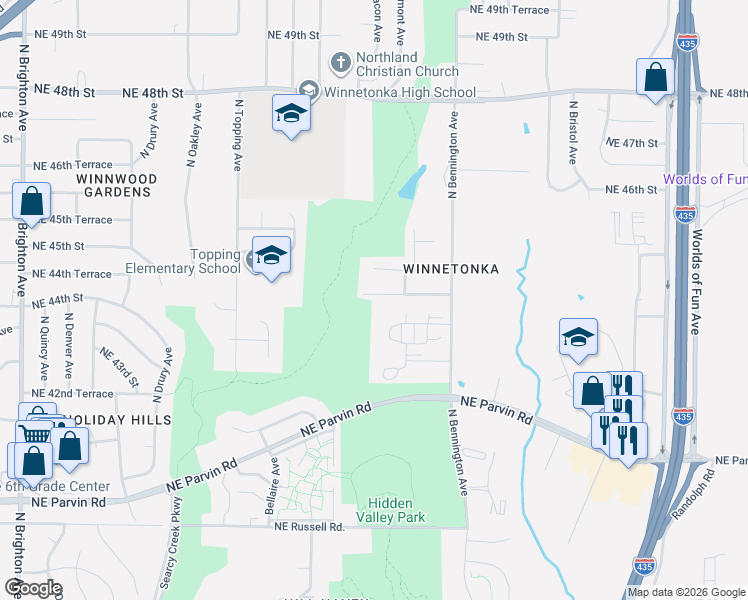 map of restaurants, bars, coffee shops, grocery stores, and more near 6330 Northeast 44th Street in Kansas City