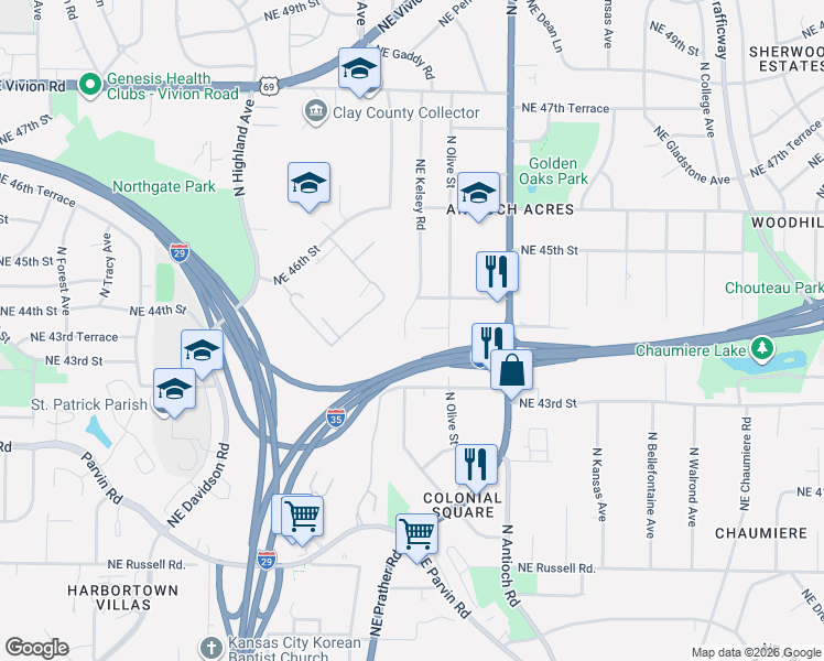 map of restaurants, bars, coffee shops, grocery stores, and more near 2304 Northeast 44th Street in Kansas City