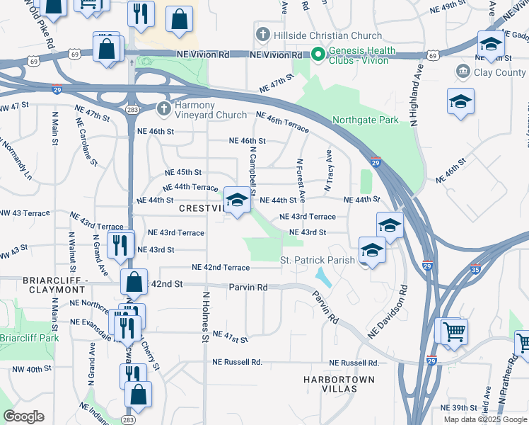 map of restaurants, bars, coffee shops, grocery stores, and more near 4331 North Campbell Street in Kansas City