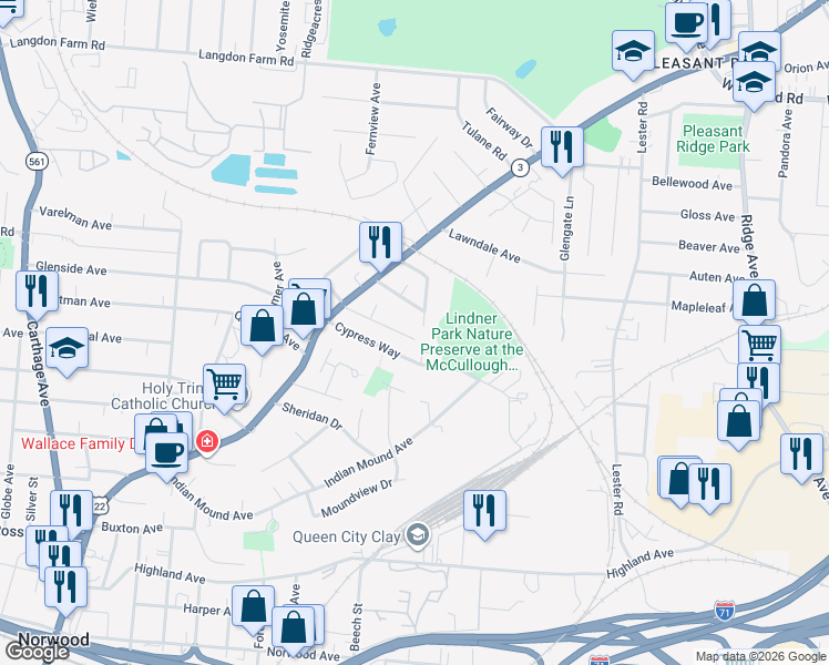 map of restaurants, bars, coffee shops, grocery stores, and more near 2546 Ridgeland Place in Cincinnati
