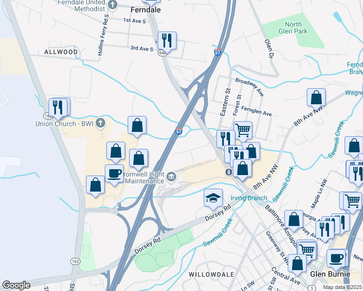 map of restaurants, bars, coffee shops, grocery stores, and more near 7354 Baltimore Annapolis Boulevard in Glen Burnie
