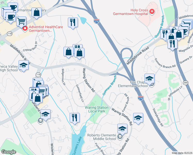 map of restaurants, bars, coffee shops, grocery stores, and more near 19342 Churubusco Lane in Germantown