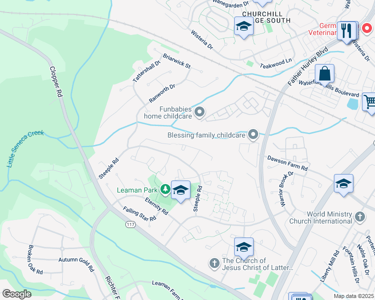 map of restaurants, bars, coffee shops, grocery stores, and more near 14138 Gallop Terrace in Germantown