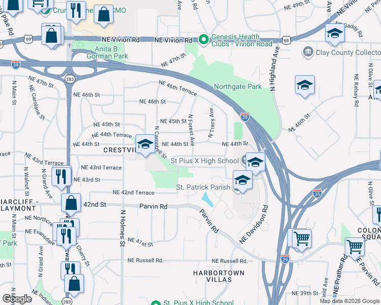 map of restaurants, bars, coffee shops, grocery stores, and more near 1201 Northeast 44th Street in Kansas City