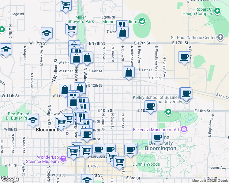 map of restaurants, bars, coffee shops, grocery stores, and more near 416 East 12th Street in Bloomington