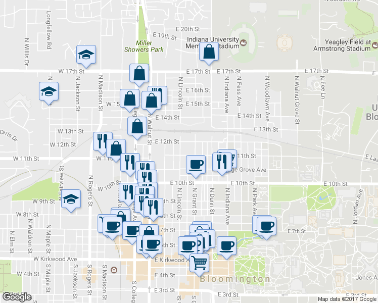 map of restaurants, bars, coffee shops, grocery stores, and more near 312 East 12th Street in Bloomington