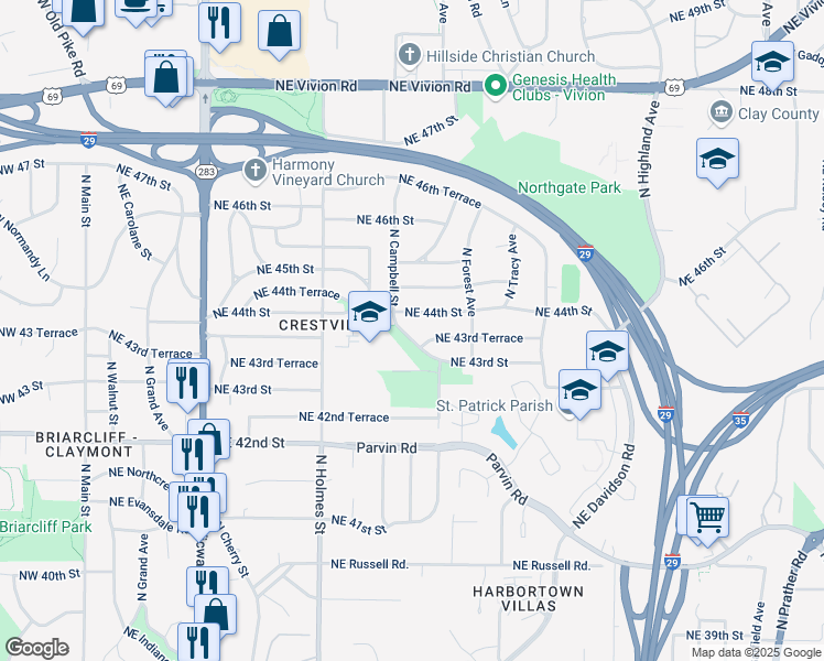 map of restaurants, bars, coffee shops, grocery stores, and more near 4331 North Campbell Street in Kansas City