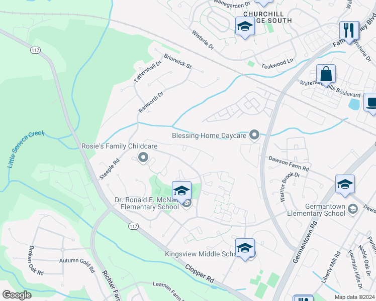 map of restaurants, bars, coffee shops, grocery stores, and more near 14138 Gallop Terrace in Germantown