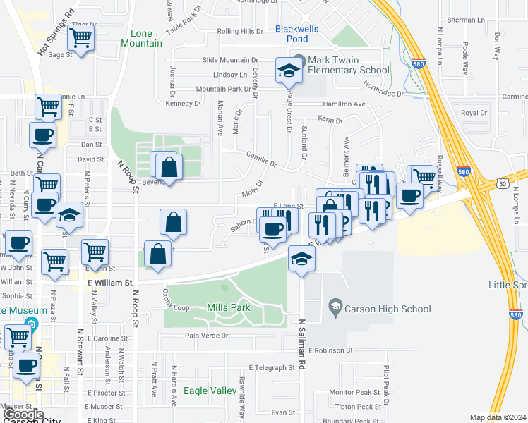map of restaurants, bars, coffee shops, grocery stores, and more near 1435 East Long Street in Carson City