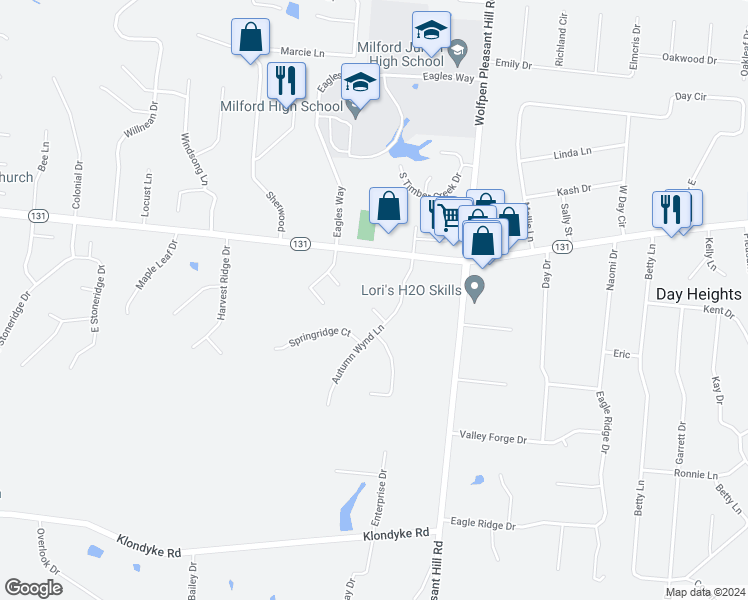 map of restaurants, bars, coffee shops, grocery stores, and more near 5611 Autumn Wynd Lane in Milford