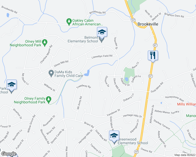 map of restaurants, bars, coffee shops, grocery stores, and more near 3312 Richwood Lane in Brookeville