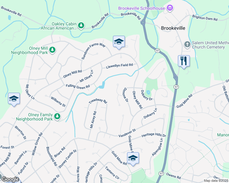 map of restaurants, bars, coffee shops, grocery stores, and more near 3312 Richwood Lane in Brookeville