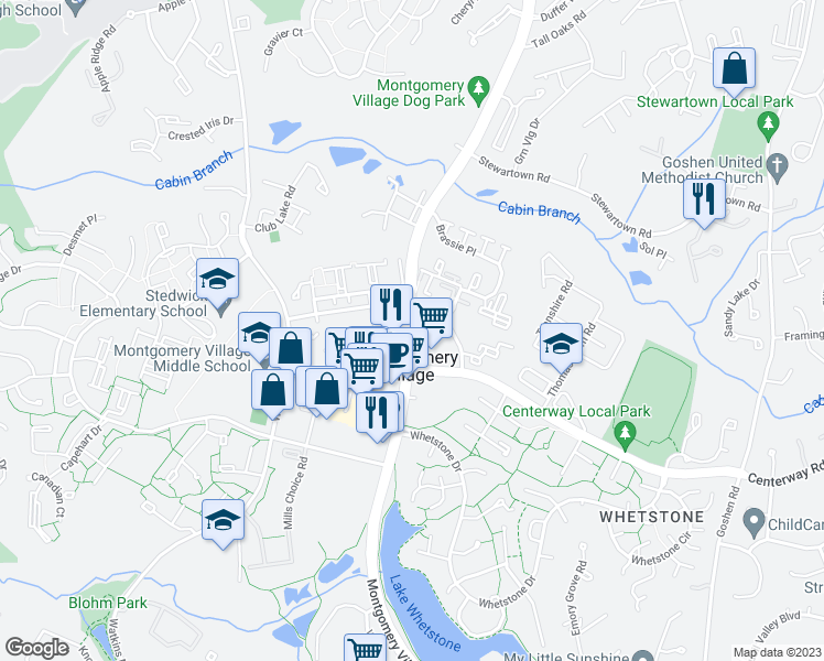 map of restaurants, bars, coffee shops, grocery stores, and more near Montgomery Village Avenue in Montgomery Village